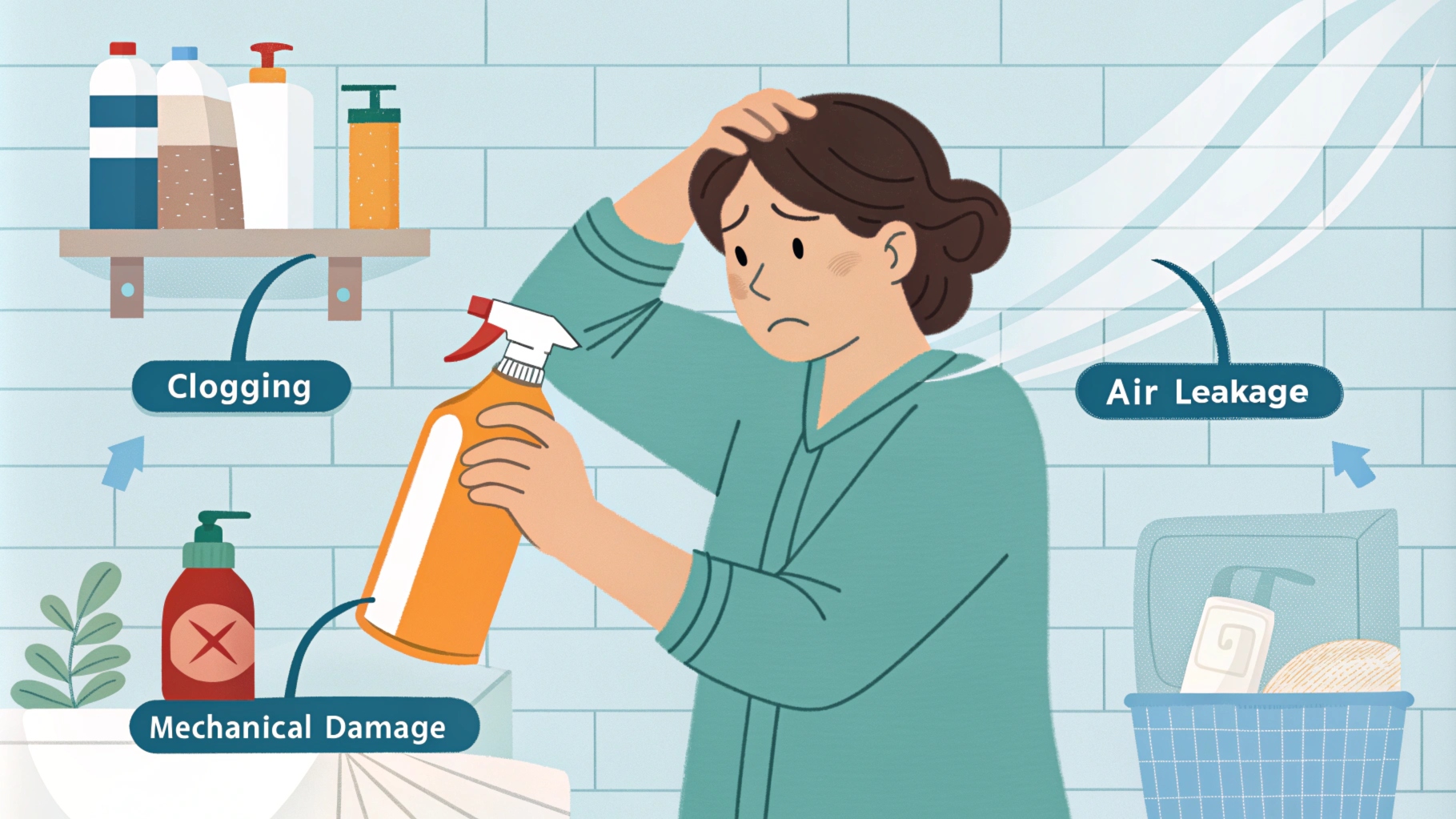 Illustration of a frustrated woman with a non-functional spray bottle highlighting causes like clogging, air leakage, and mechanical damage.