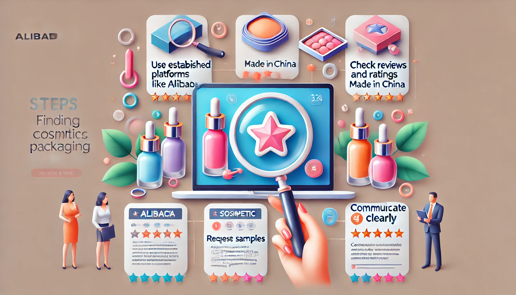 A step-by-step visual guide for finding online cosmetic packaging suppliers with colorful icons and graphics.