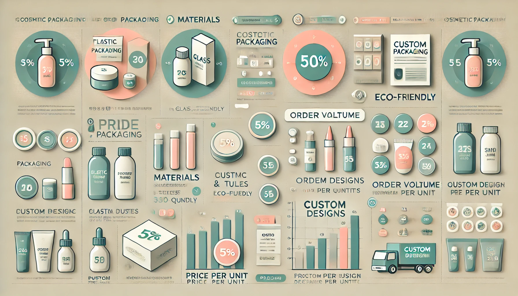 A detailed infographic showing cost factors in cosmetic packaging, comparing materials, designs, and order volumes.