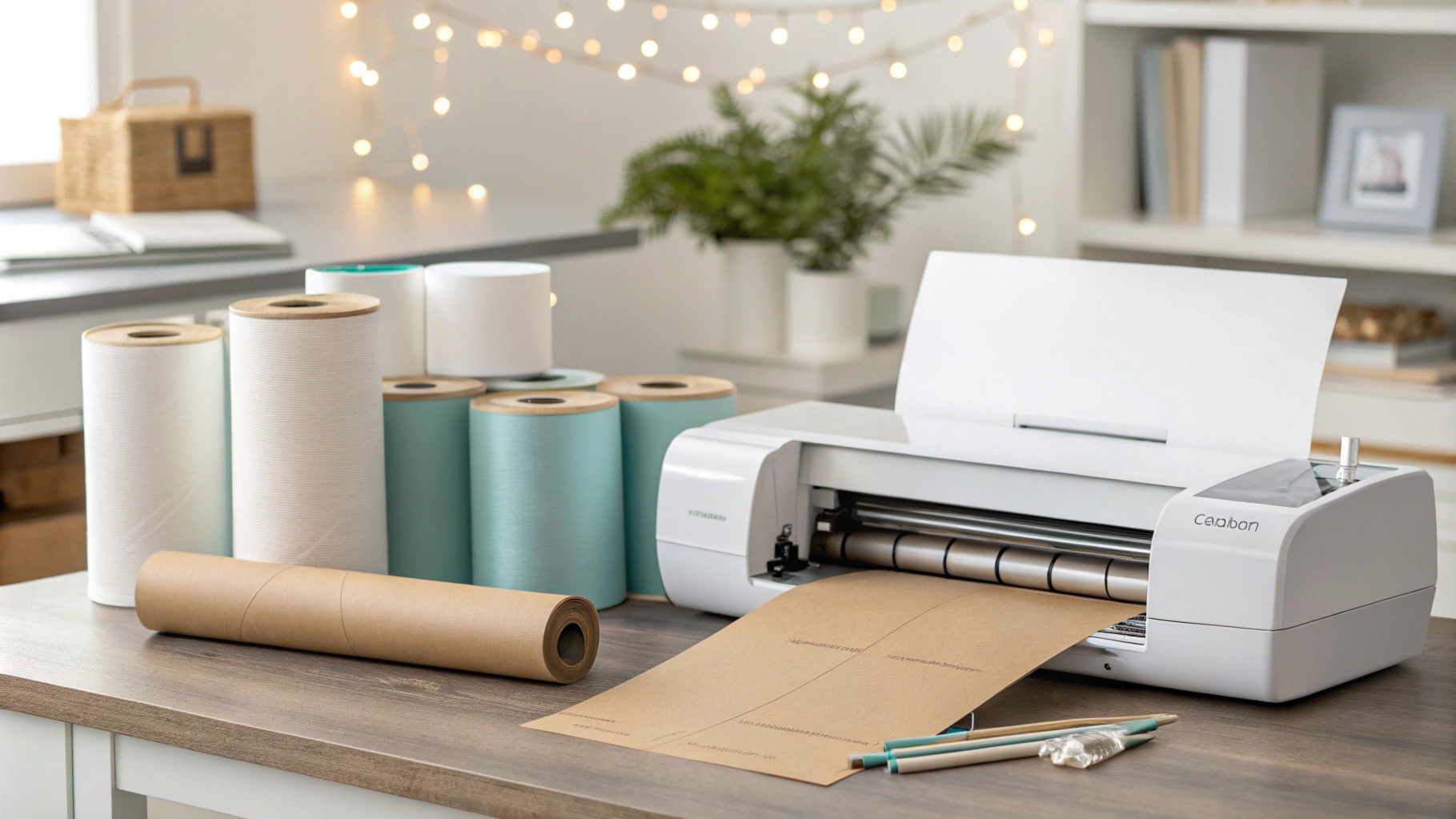 A modern workspace featuring a printer printing custom waterproof vinyl labels, rolls of adhesive and kraft paper on the desk, and a Cricut cutting machine ready to cut the labels. Soft lighting with bokeh effect highlights the scene