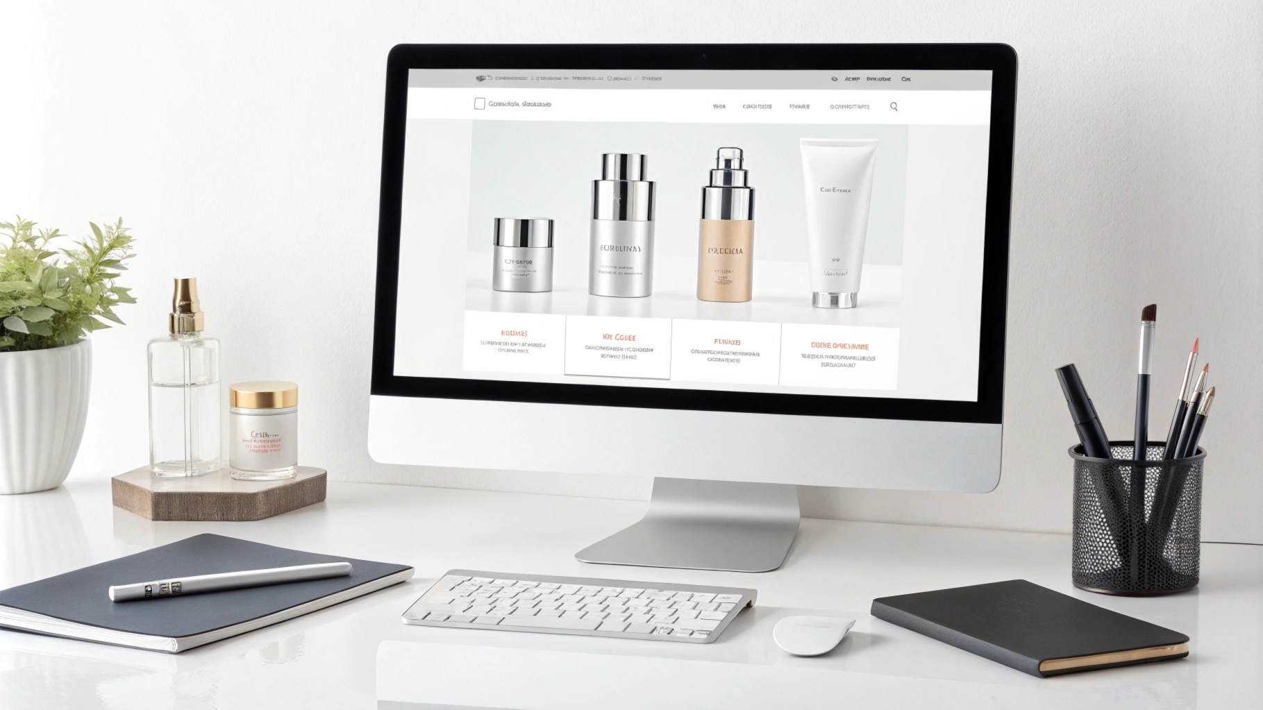 A sleek modern desk with a skincare product website and stationery items displayed.