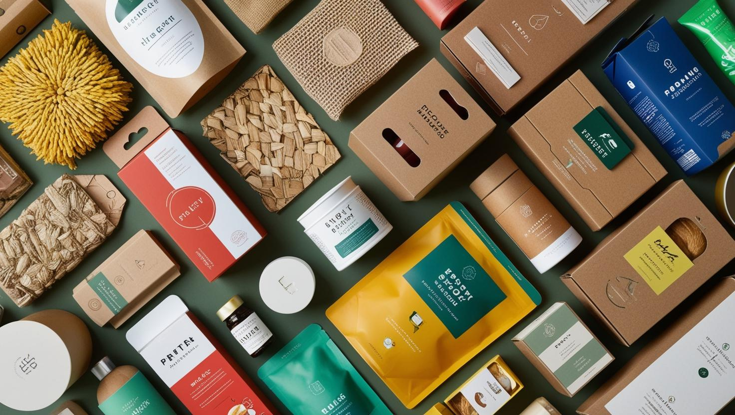 A flat lay of eco-friendly and creative product packaging designs made from sustainable materials like cardboard and paper.