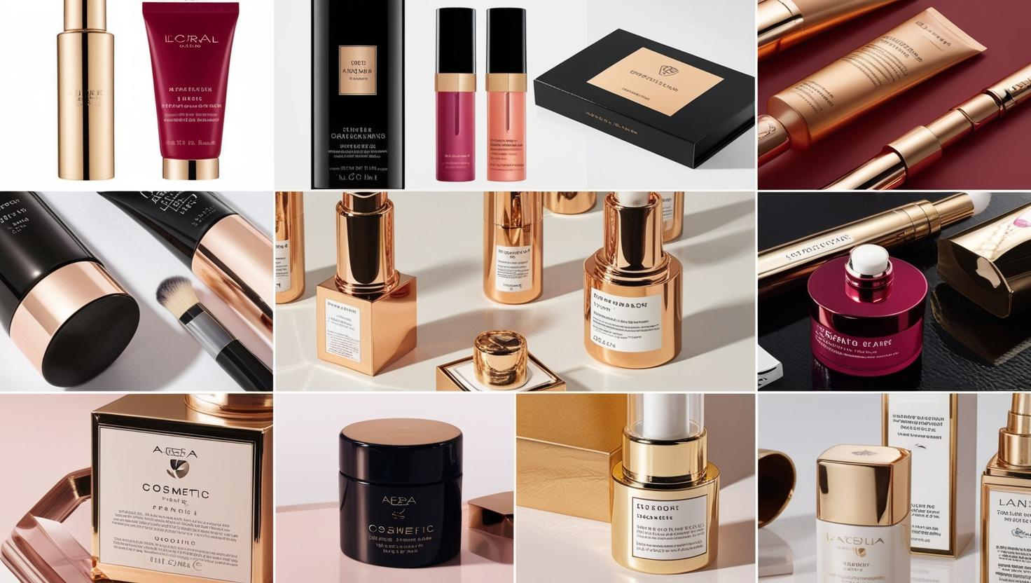 A collection of luxury cosmetic packaging featuring bottles, tubes, and jars with gold, black, and elegant accents.