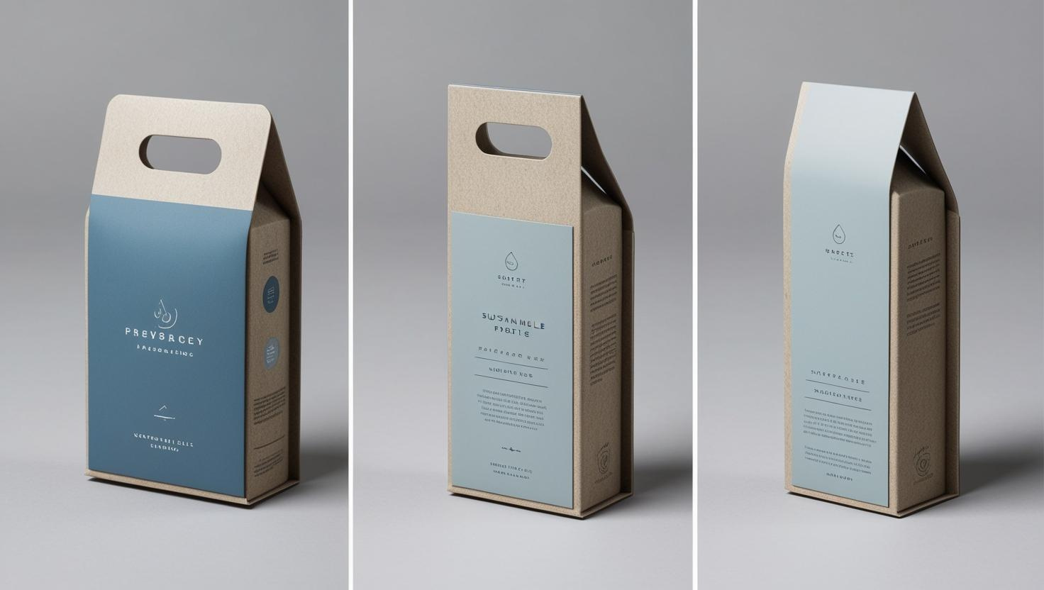 Sustainable packaging design with a minimalist aesthetic, featuring a cardboard box with a handle and a soft blue label.