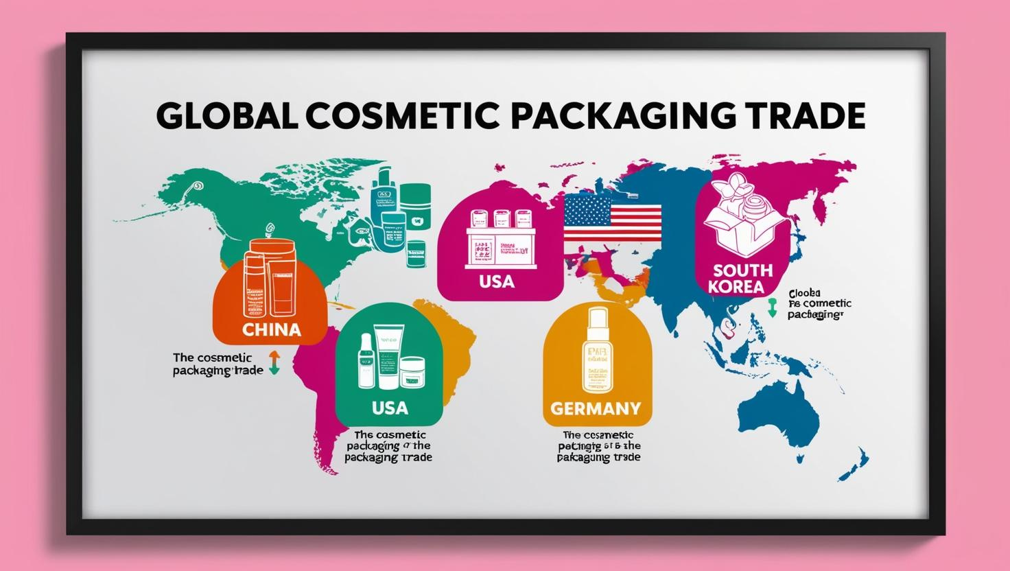 Infographic highlighting global cosmetic packaging trade, featuring key regions like China, USA, South Korea, and Germany.