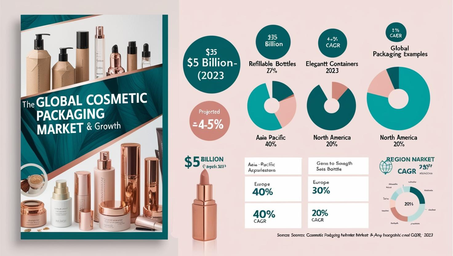 Infographic on the global cosmetic packaging market in 2023, featuring key data on market size, growth projections, and regional trends.