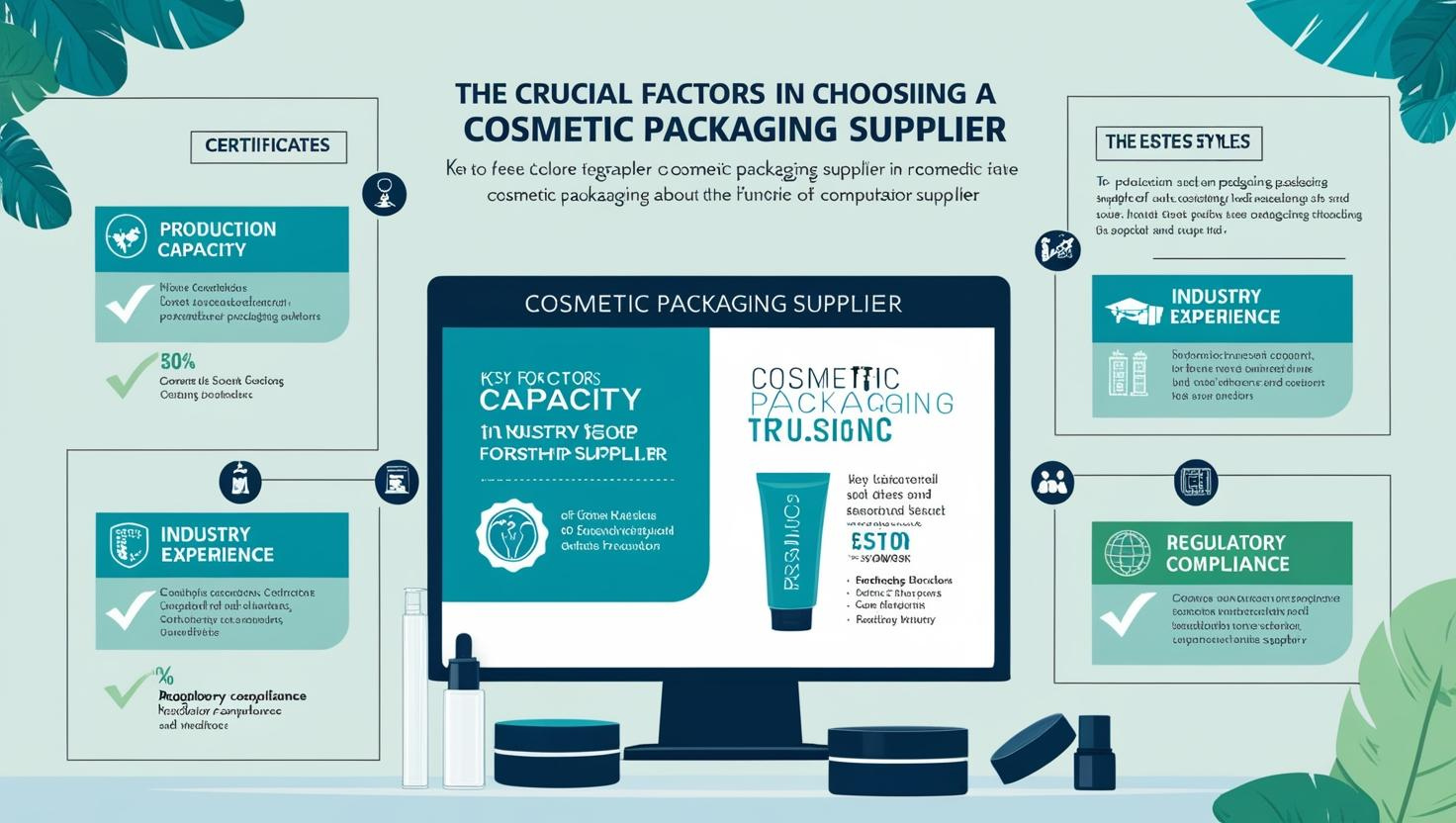 Infographic highlighting crucial factors in choosing a cosmetic packaging supplier, including production capacity, industry experience, and regulatory compliance.