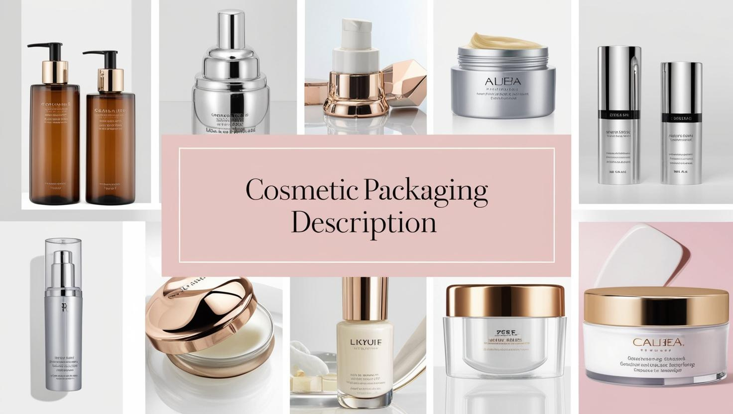 A collection of elegant cosmetic packaging designs, including jars, bottles, and pumps with metallic and minimalist styles.