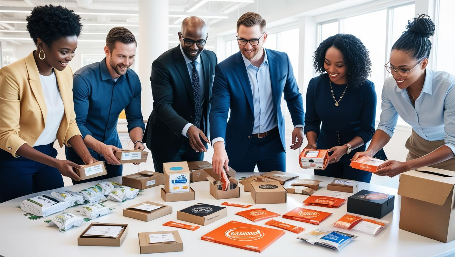 A diverse team collaborating on product packaging designs, reviewing various boxed and branded materials.