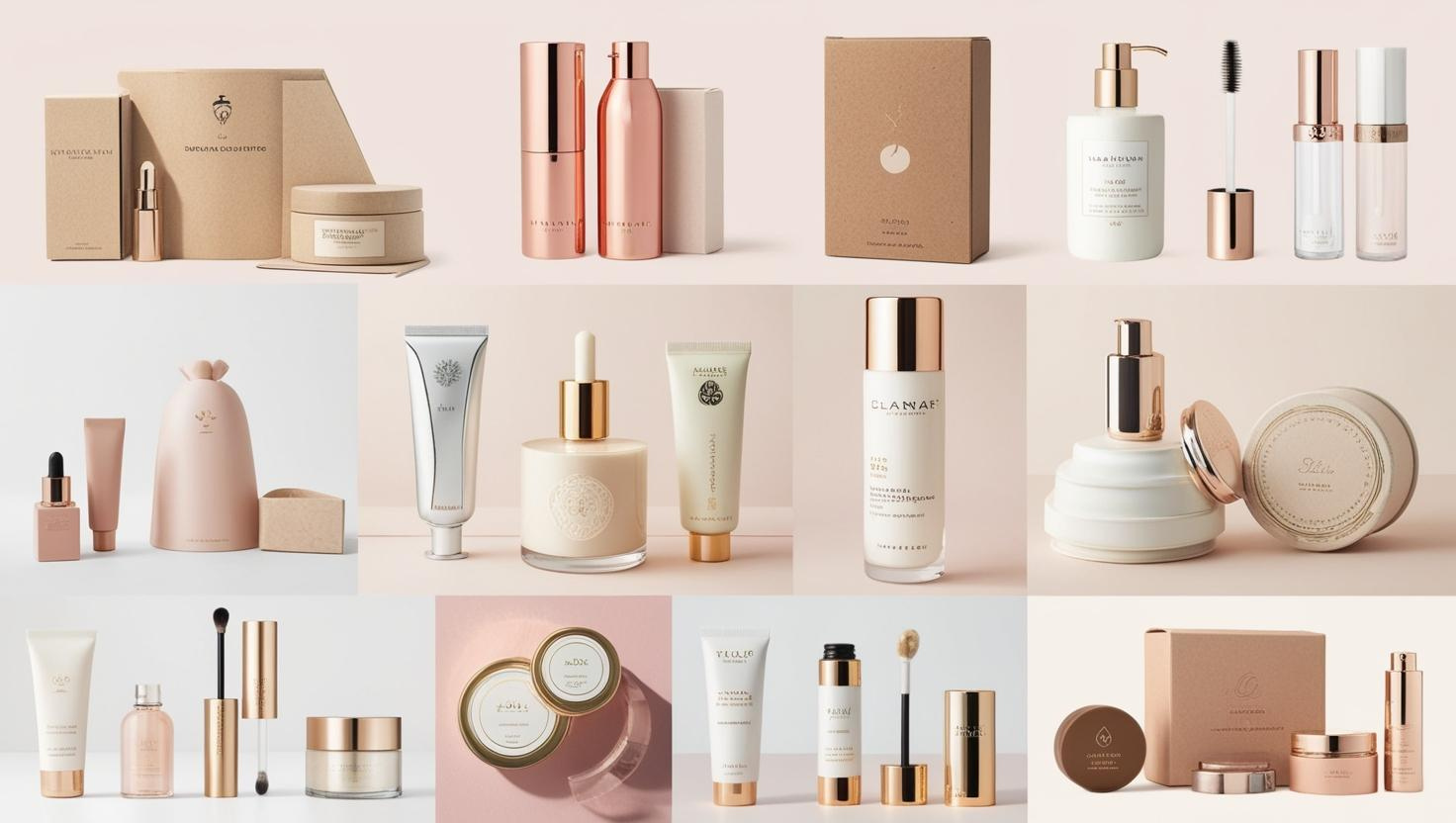 Collection of luxury skincare and cosmetic packaging in elegant pastel and metallic tones