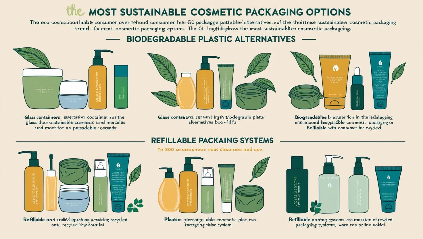 Infographic showcasing sustainable cosmetic packaging options, including biodegradable and refillable solutions