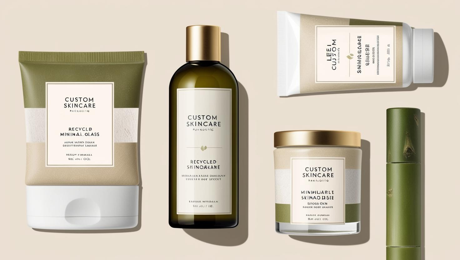 Custom skincare packaging featuring eco-friendly materials in minimalist green and beige tones.