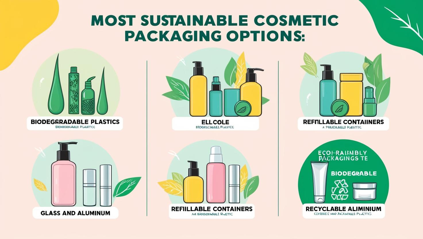 Infographic showcasing sustainable cosmetic packaging options, including biodegradable plastics, refillable containers, and glass