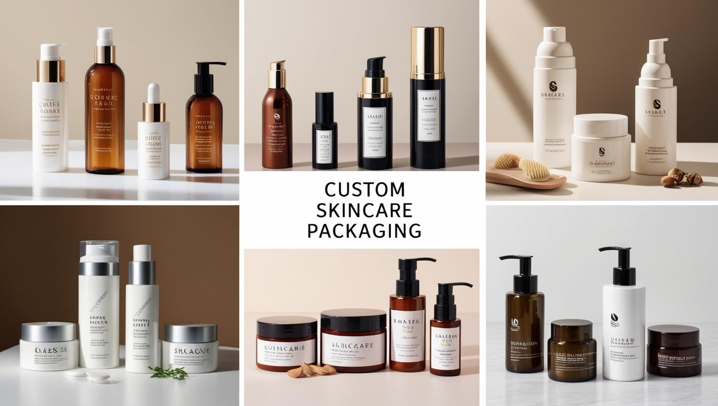 A collection of custom skincare packaging designs featuring glass bottles, jars, and pumps in neutral tones.