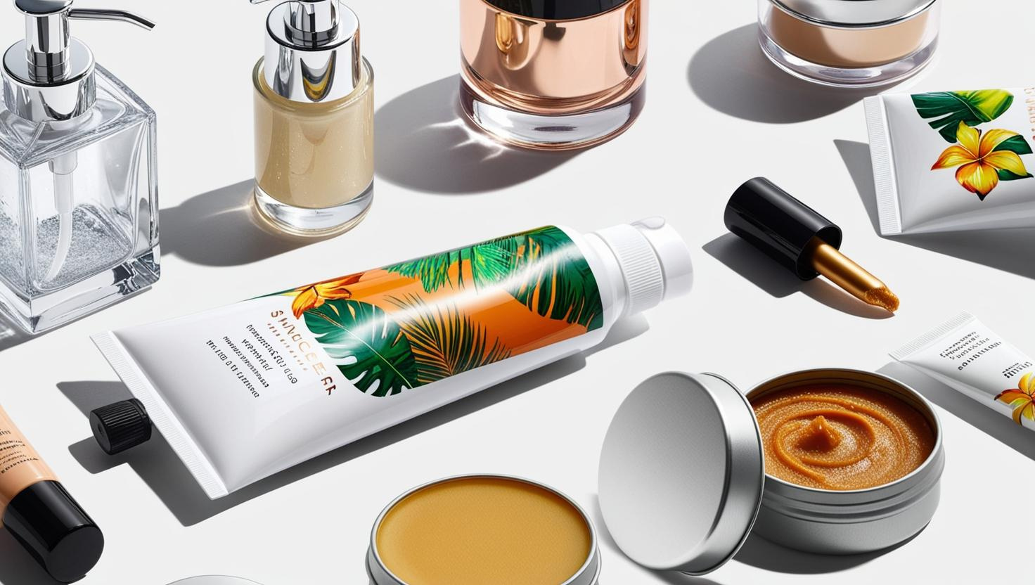 Colorful skincare and cosmetic products, including tubes, jars, and glass bottles with tropical-themed designs.