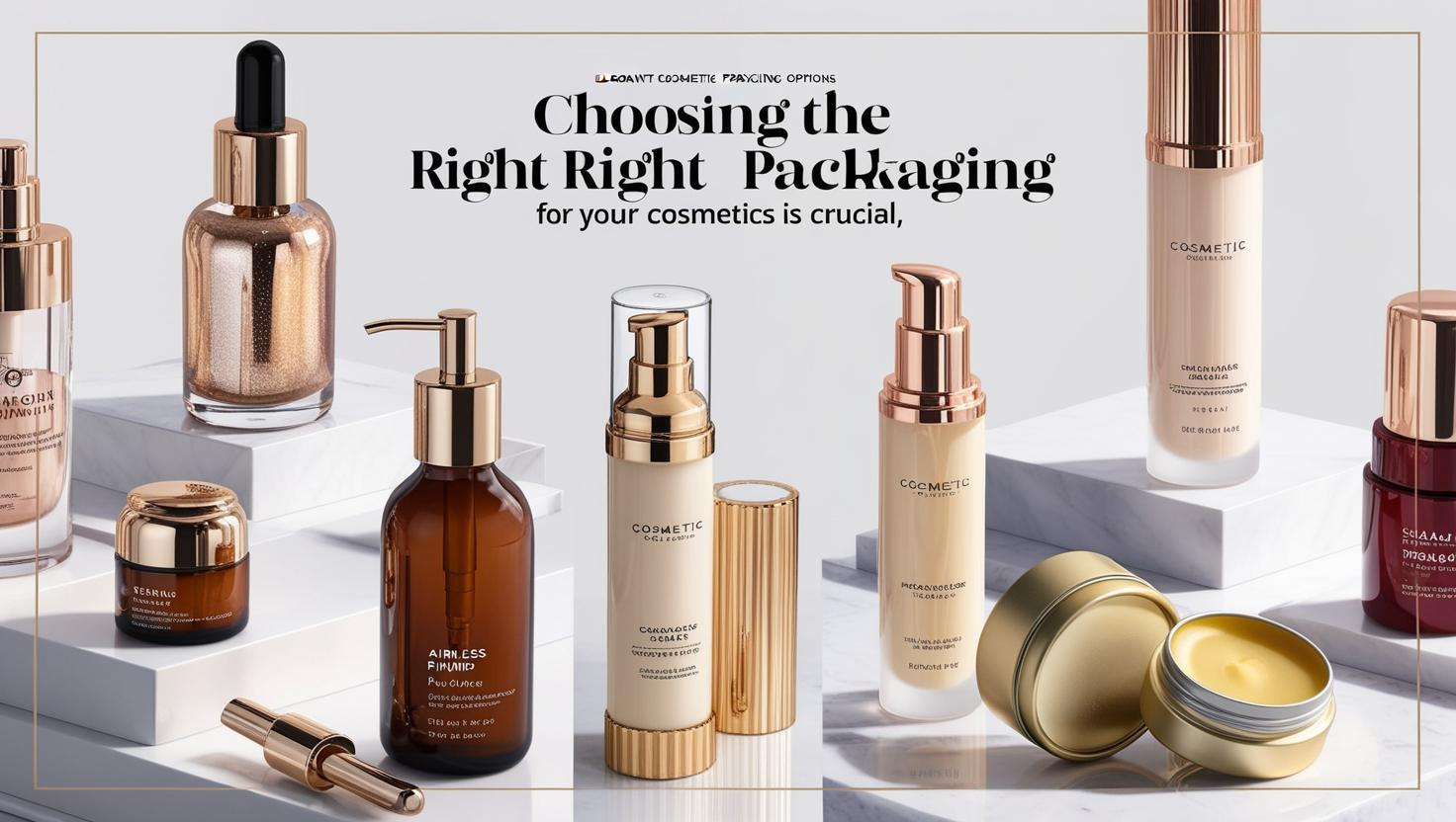 Elegant cosmetic packaging display with glass bottles, jars, and gold accents on a marble background