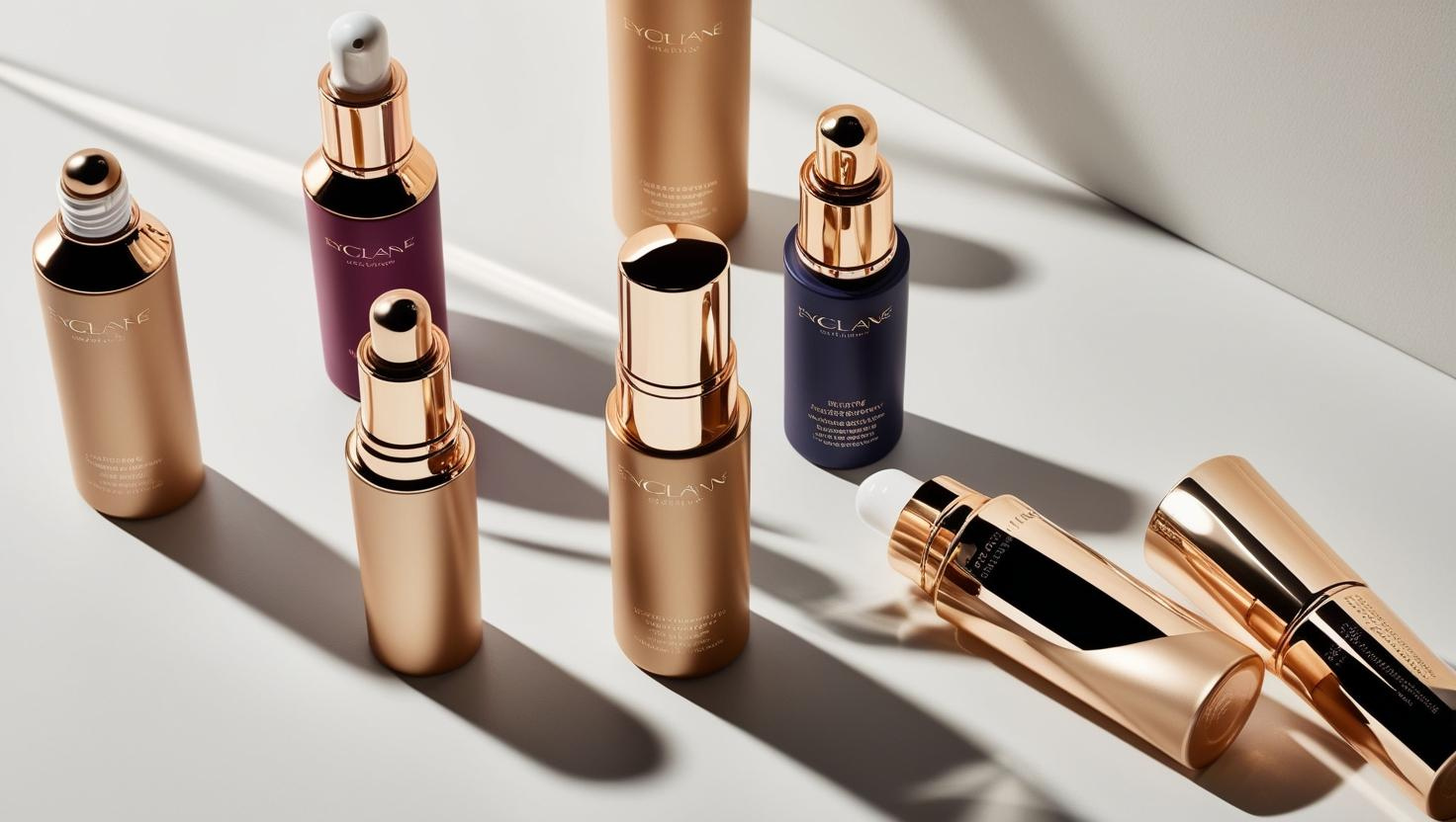 Luxurious cosmetic packaging featuring gold and metallic bottles with elegant designs and shadows