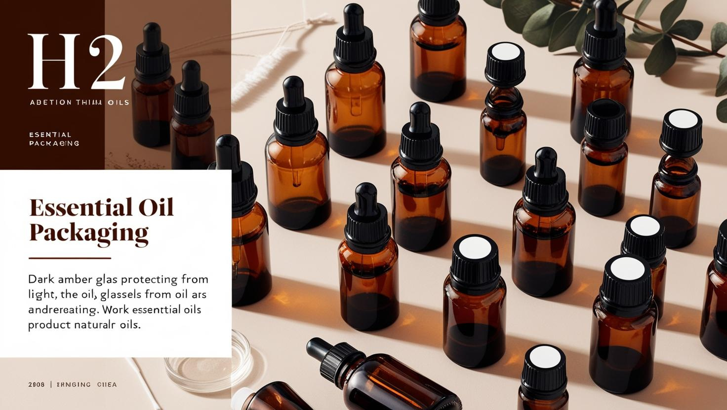 Amber glass bottles with black droppers used for essential oil packaging, arranged on a neutral background