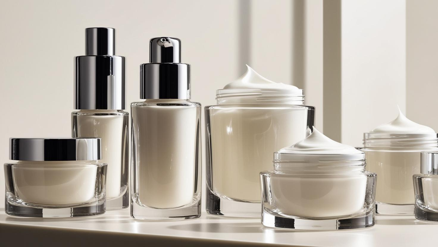 Luxurious clear glass jars and bottles filled with white cream, featuring sleek silver lids and pumps