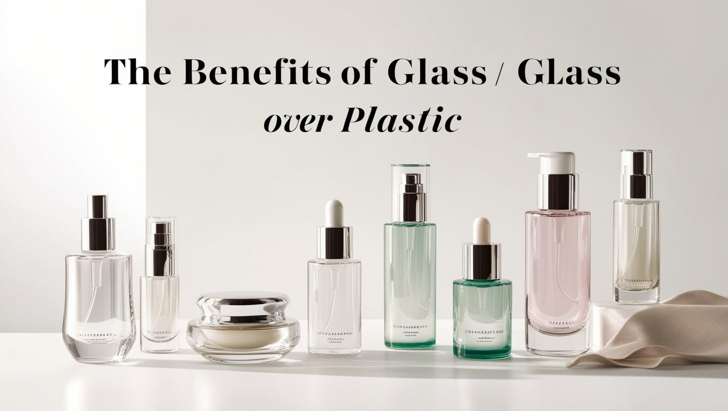 Elegant skincare bottles and jars made of glass, showcasing a clean, minimalist design with silver accents