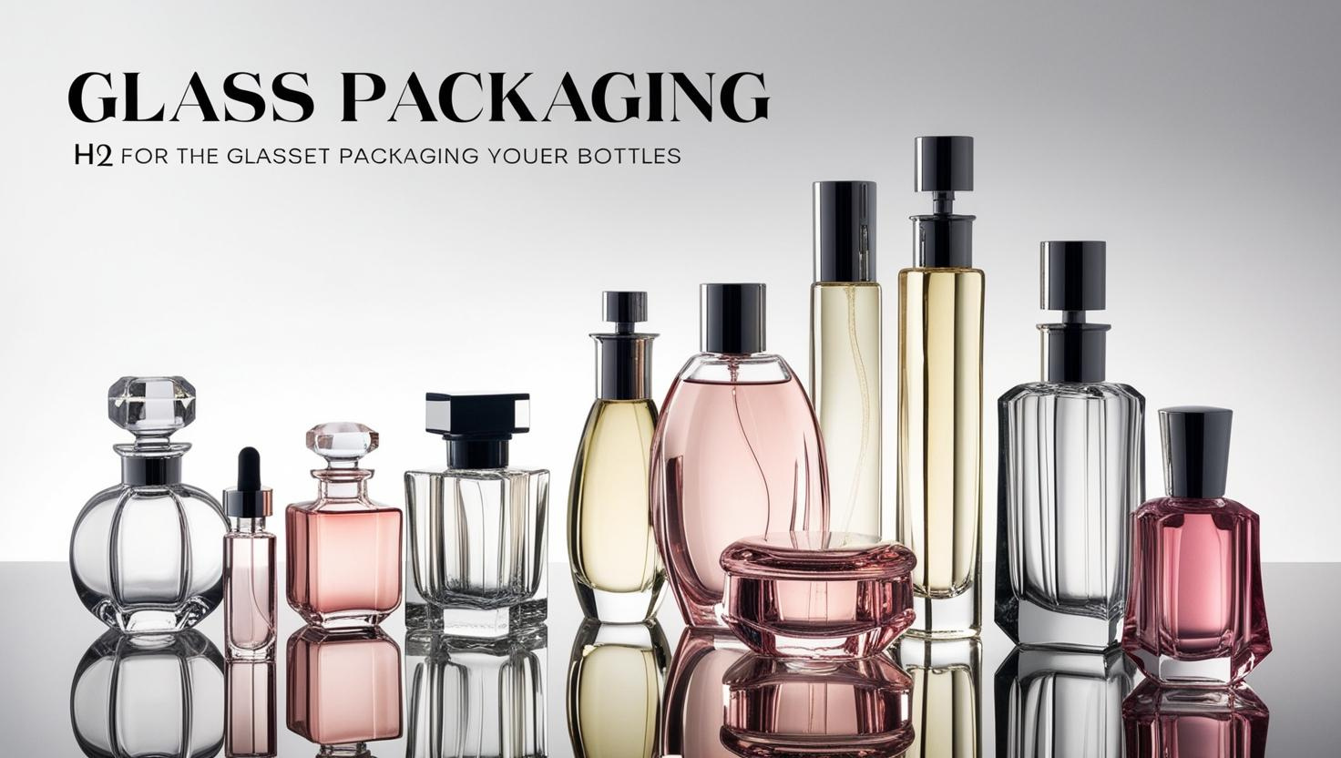 Elegant glass perfume bottles of various shapes and colors, reflecting luxury packaging design