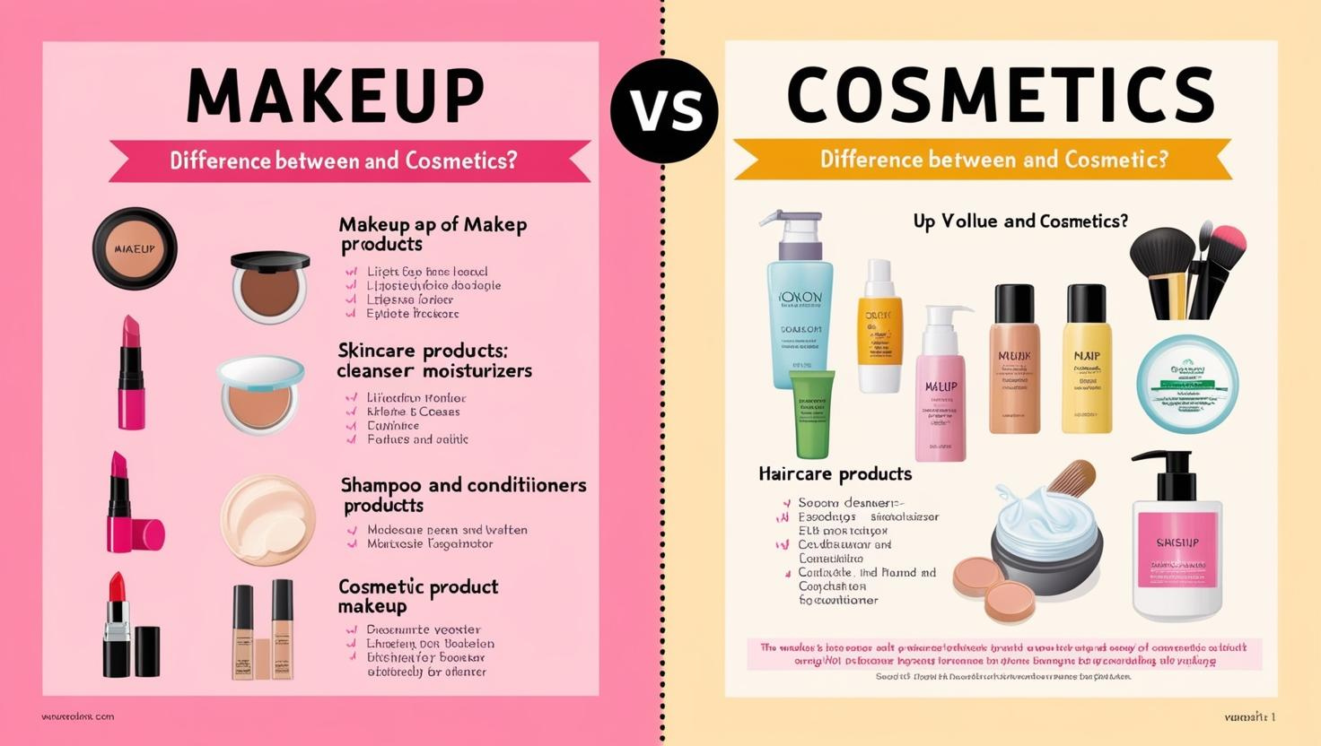 Comparison chart highlighting the difference between makeup and cosmetics, featuring products like lipsticks, moisturizers, and haircare items