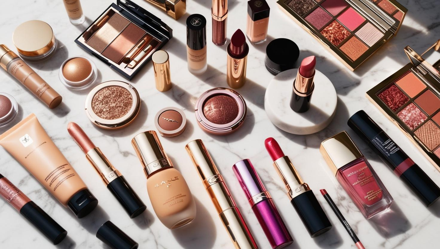 Flat lay of luxury makeup products, including foundation, lipsticks, eyeshadow palettes, blushes, and highlighters with elegant gold and black packaging on a marble surface