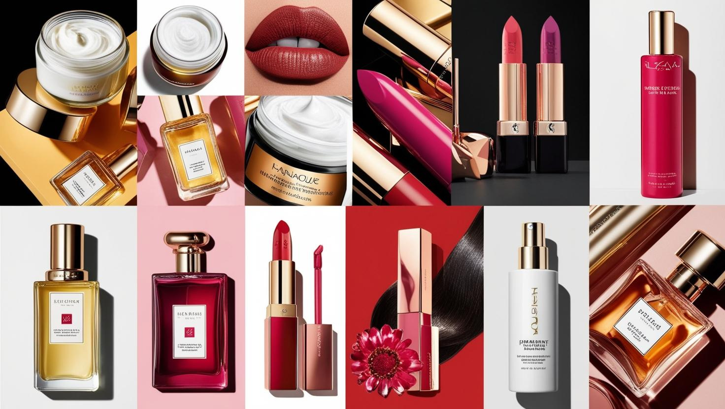 Collection of luxury beauty products including face creams, lipsticks, perfumes, and skincare items with vibrant red, gold, and black packaging. Close-up shots of red lipstick and glossy lips complement the display