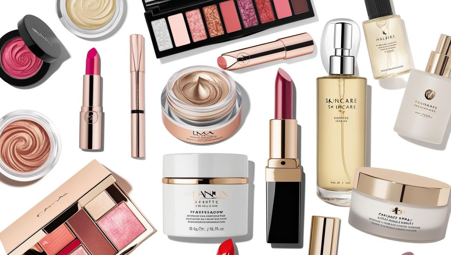 Assorted luxury beauty products including gold-capped lipsticks, glass skincare bottles, eyeshadow palettes, and cream jars, arranged with elegant rose gold and neutral tones