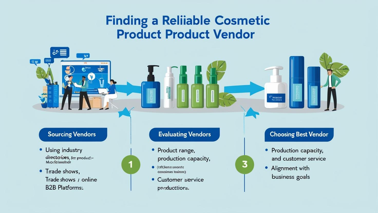 Infographic showing steps to find a reliable cosmetic product vendor: sourcing, evaluating, and choosing best vendors