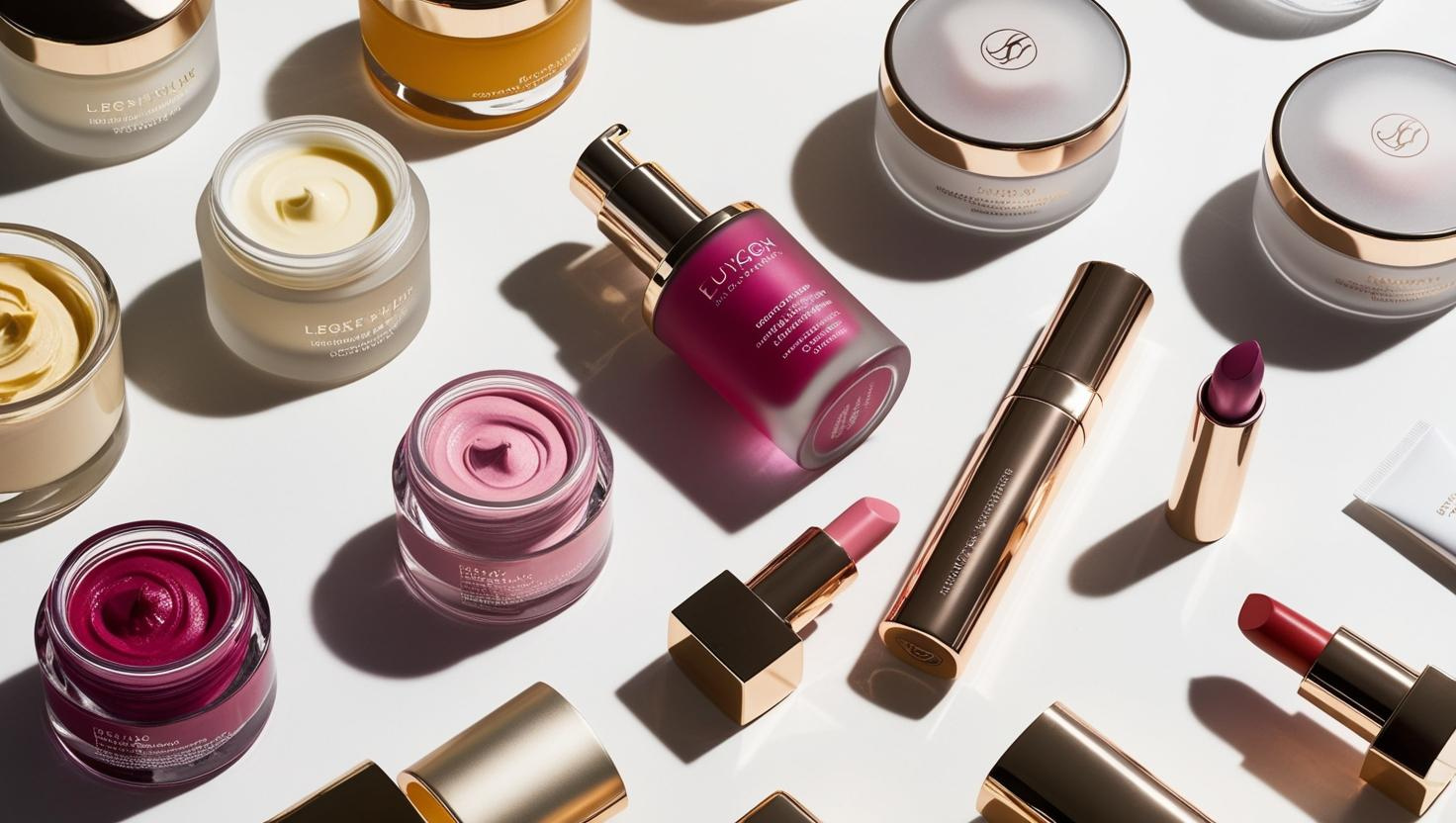 High-end skincare and makeup products, including lipsticks, creams, and serum bottles with gold accents.