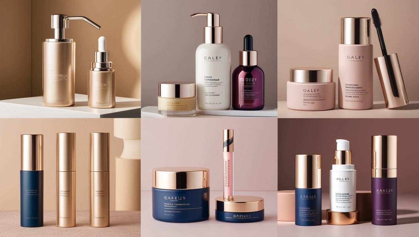 Luxury skincare bottles, jars, and tubes in gold, navy, and blush tones for premium cosmetics.