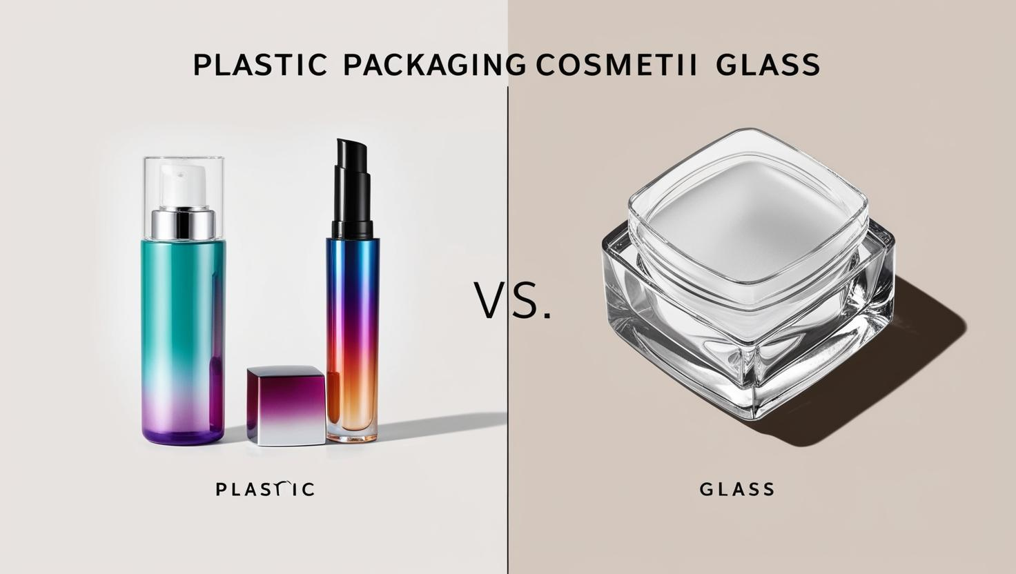 Comparison of colorful plastic bottles and clear luxury glass jars for cosmetics.