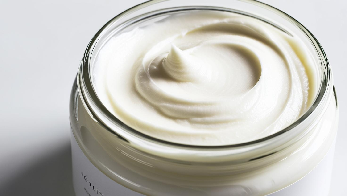 Close-up of a glass cosmetic jar filled with rich, smooth white cream for skincare products.