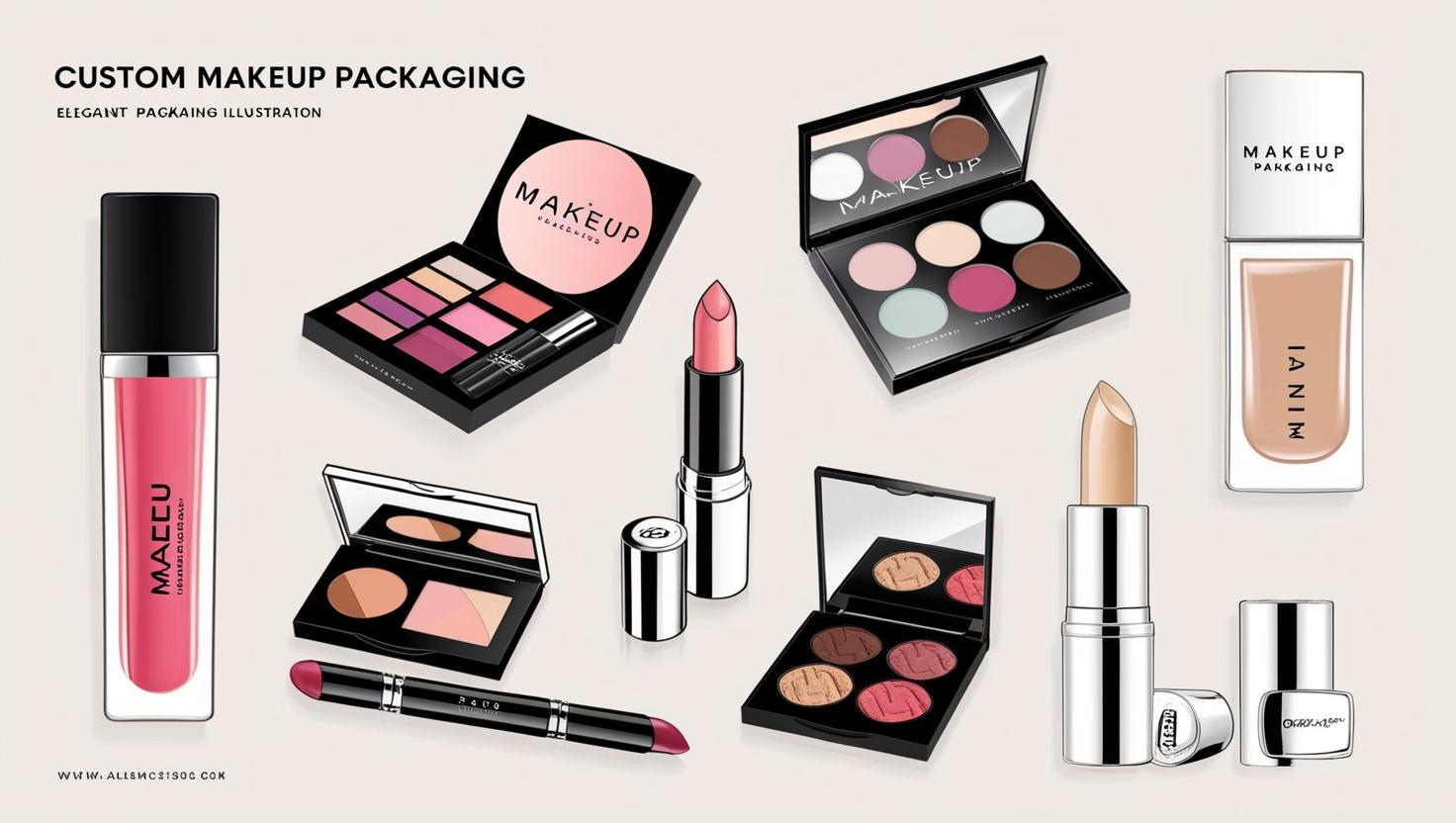 Illustrated custom makeup packaging featuring lipsticks, palettes, liquid foundation, and compact cases for elegant design.