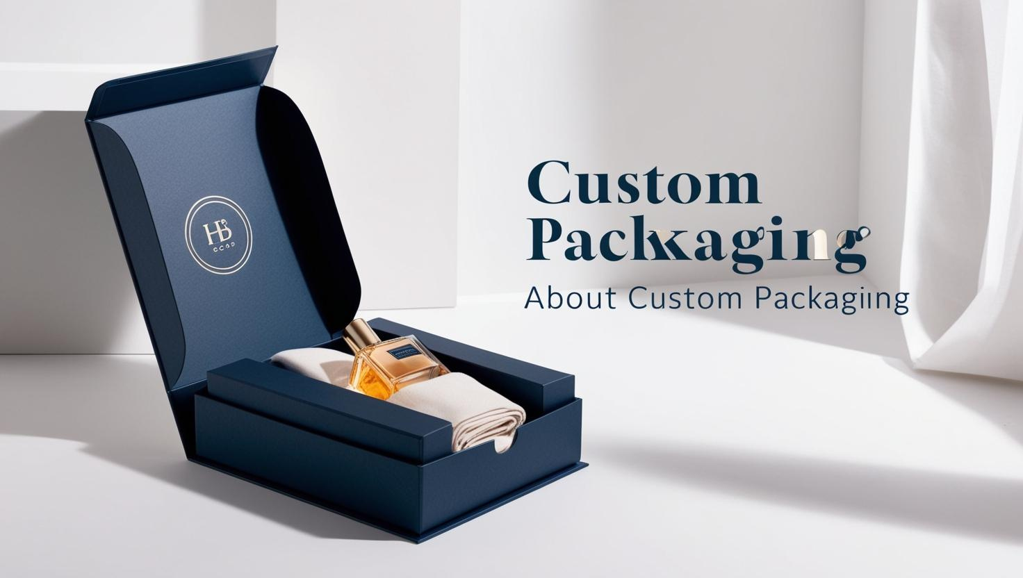 Luxury custom packaging box in deep blue, featuring a glass perfume bottle and a folded fabric insert.