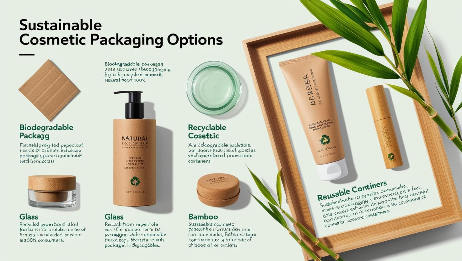 Eco-friendly cosmetic packaging options including glass jars, bamboo containers, and biodegradable cardboard with green leaves.