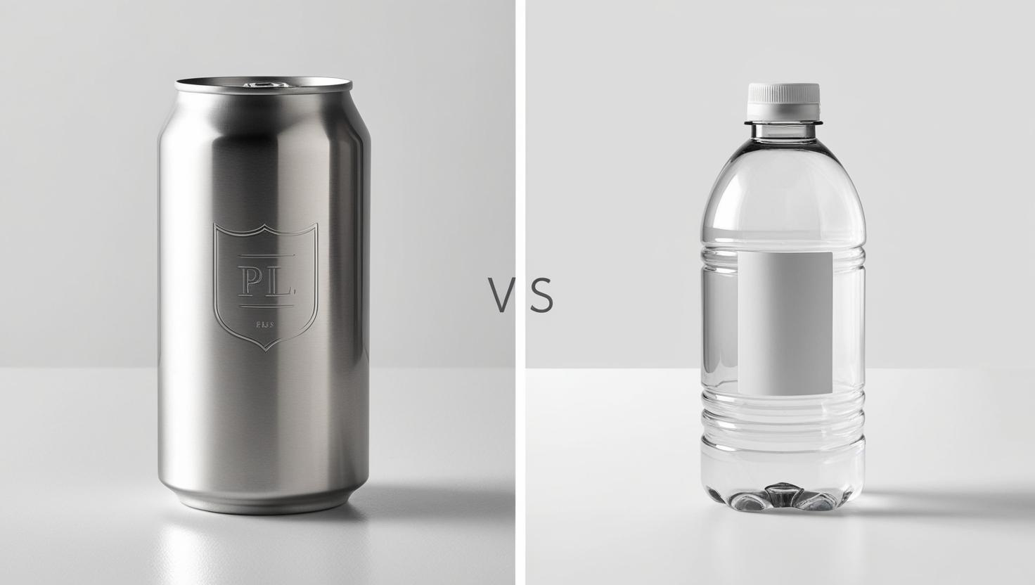 A sleek metal can on the left compared to a clear plastic water bottle on the right, highlighting differences in packaging materials.