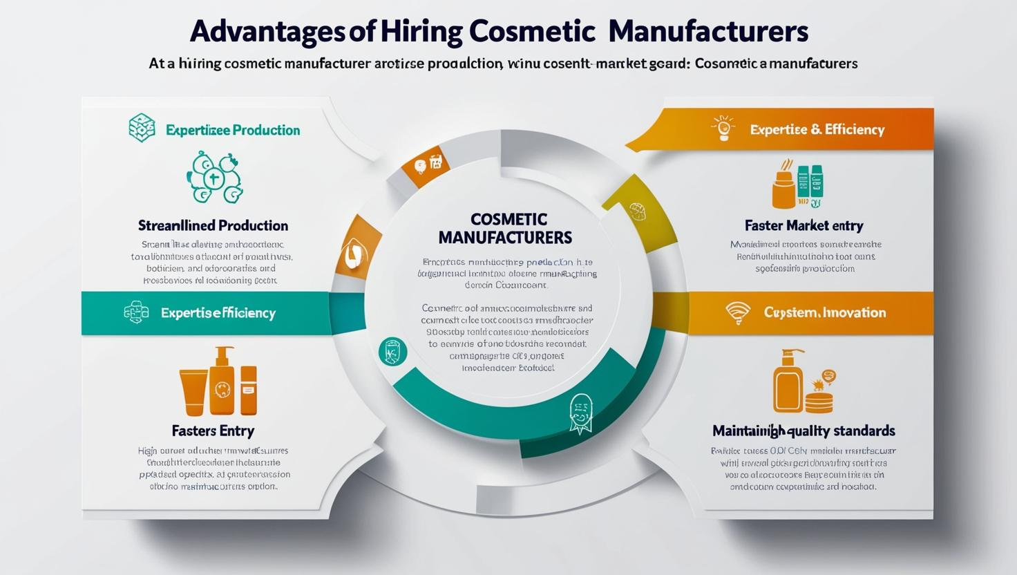 Infographic highlighting the benefits of hiring cosmetic manufacturers, including streamlined production, faster market entry, expertise in maintaining quality standards, and system innovation.