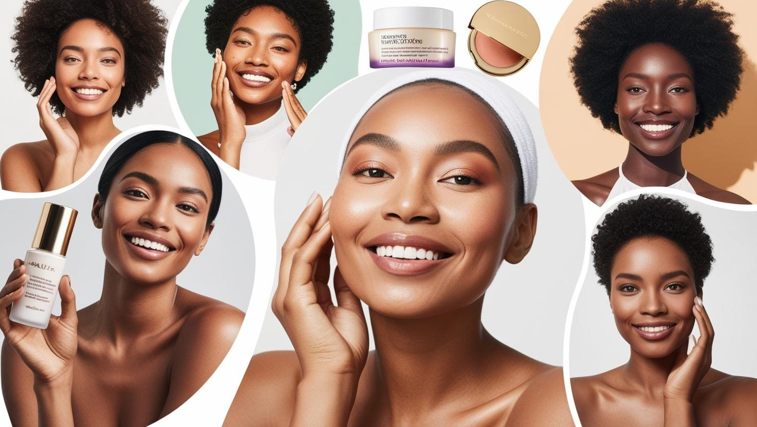 Collage of diverse women showcasing radiant skin, glowing smiles, and natural beauty while holding and using skincare products. Highlights the joy and confidence brought by effective skincare routines.