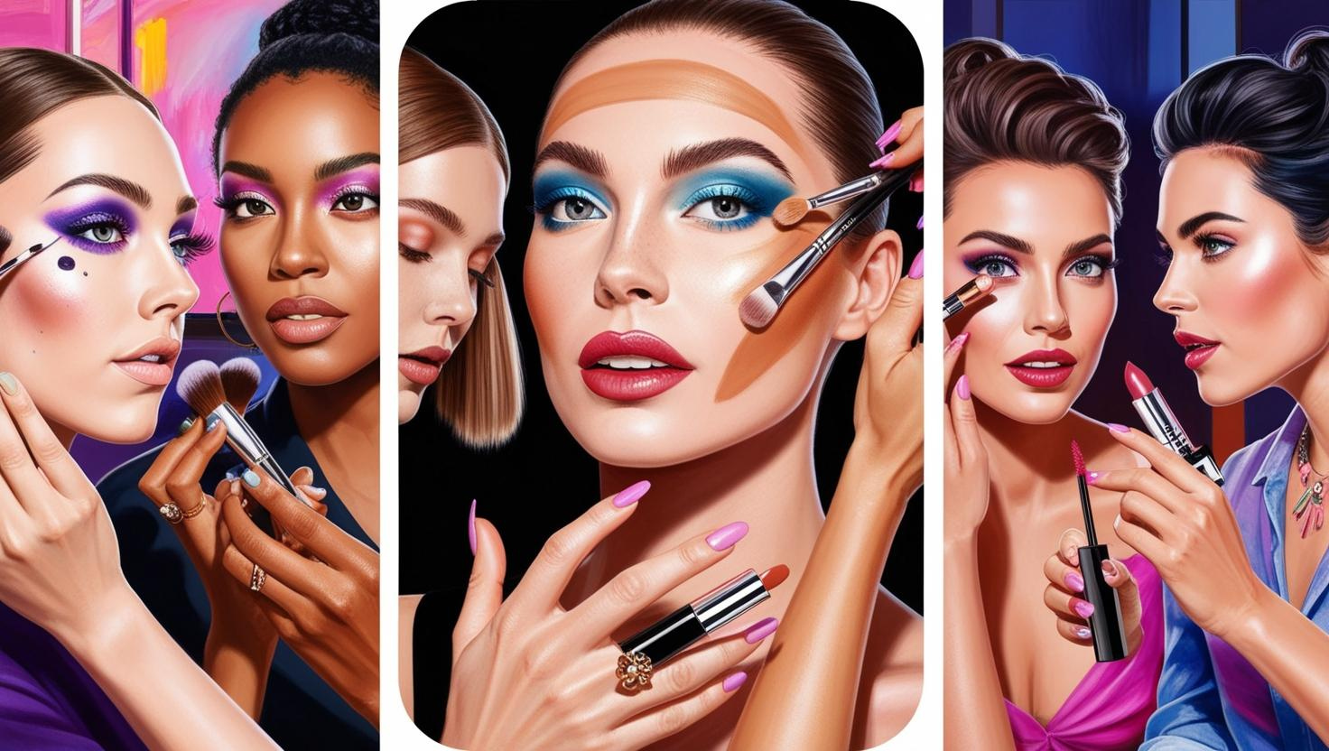 A vibrant triptych showing professional makeup application featuring bold eye shadows, precise contouring, and flawless lipstick. Celebrates creativity, diversity, and elegance in makeup artistry.