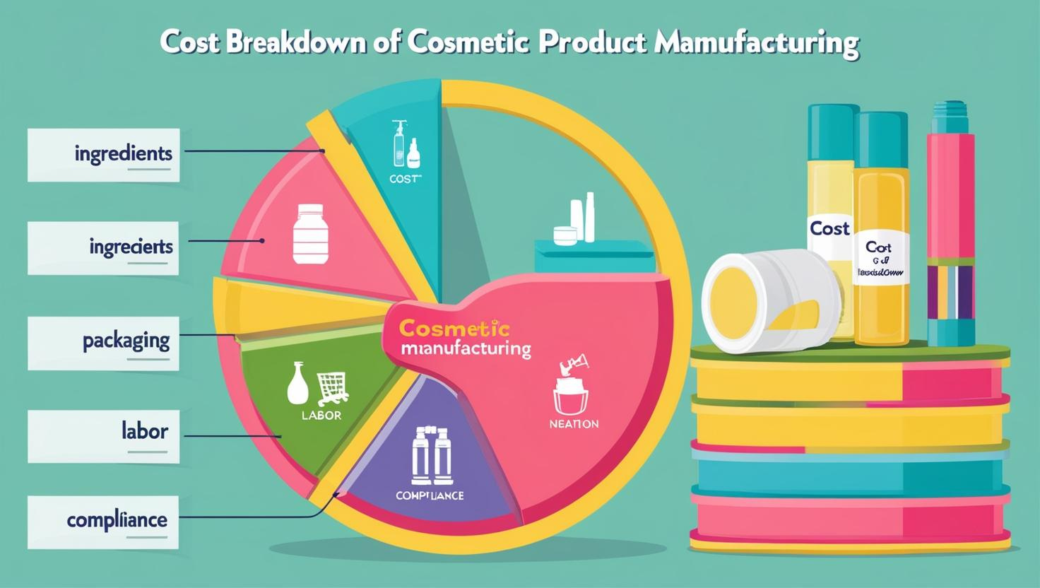 An infographic displaying the cost components in cosmetic product manufacturing. A colorful pie chart highlights key expenses, including ingredients, packaging, labor, and compliance, paired with vibrant visuals of cosmetic packaging and stacked containers to illustrate the distribution of costs.