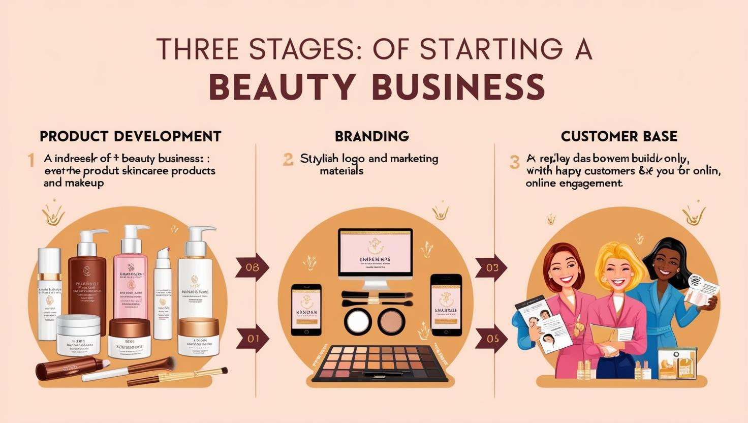 Three stages of starting a beauty business: product development, branding, customer base.