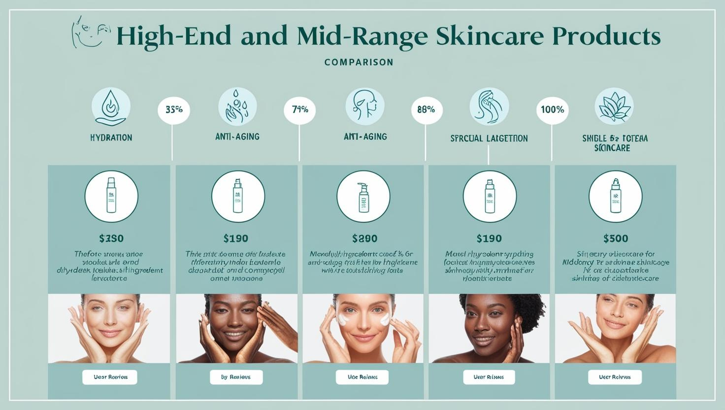 Comparison of high-end and mid-range skincare products focusing on hydration, anti-aging, and special care.