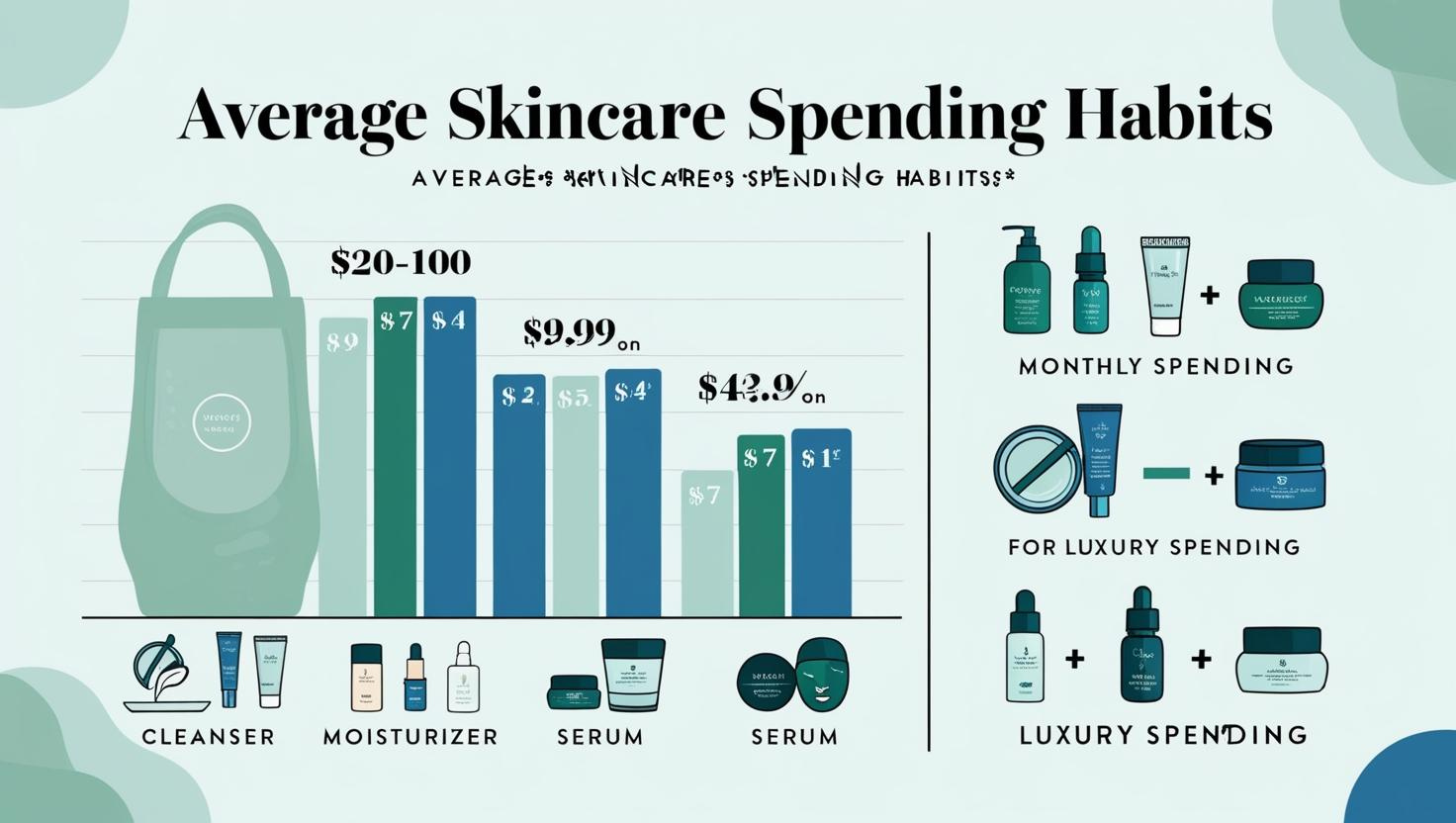 Chart showing average skincare spending habits for cleansers, moisturizers, serums, and luxury products.