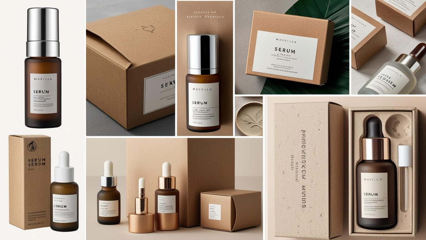 Sustainable serum packaging featuring minimalist glass bottles and eco-friendly boxes.