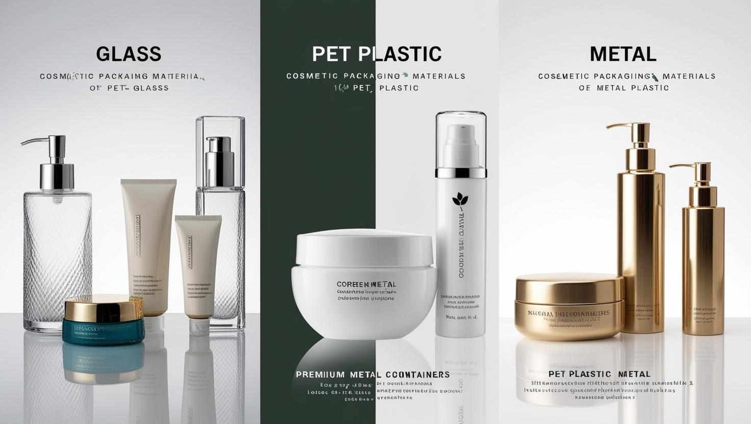 Glass, PET plastic, and metal cosmetic packaging options displayed side by side.