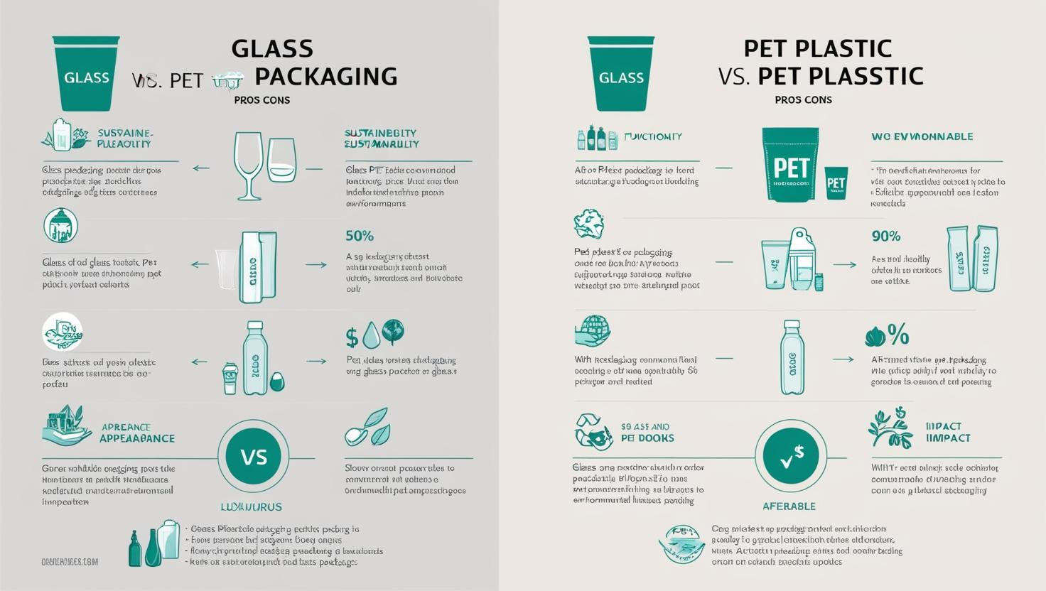 Comparison of glass and PET plastic packaging, highlighting pros and cons of each material.