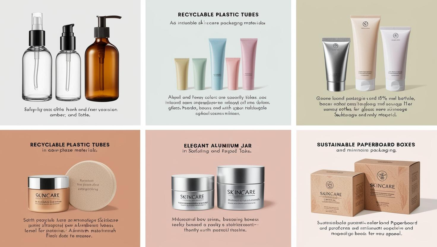 Variety of sustainable skincare packaging, including glass bottles, recyclable tubes, aluminum jars, and paperboard boxes.