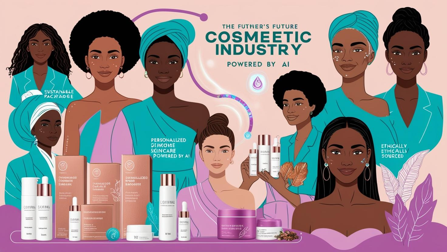 Illustration of diverse women with sustainable and AI-powered skincare products.